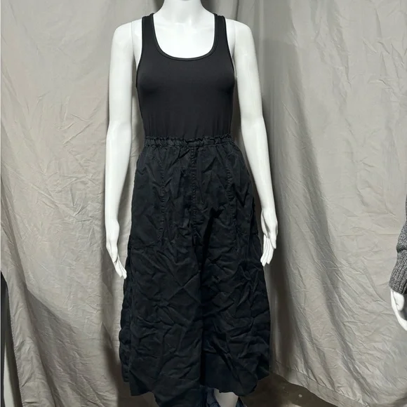 Women XXS Athleta Black Baja Linen Midi Dress Travel Racerback Sleeveless